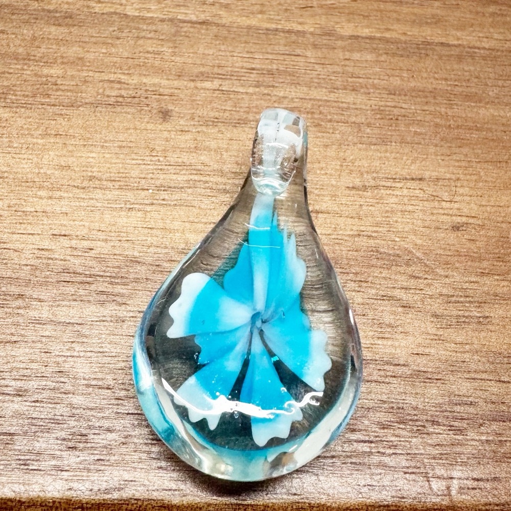 Hand Blown Floral Art Glass Tear Pendant - Picture 3 of 5